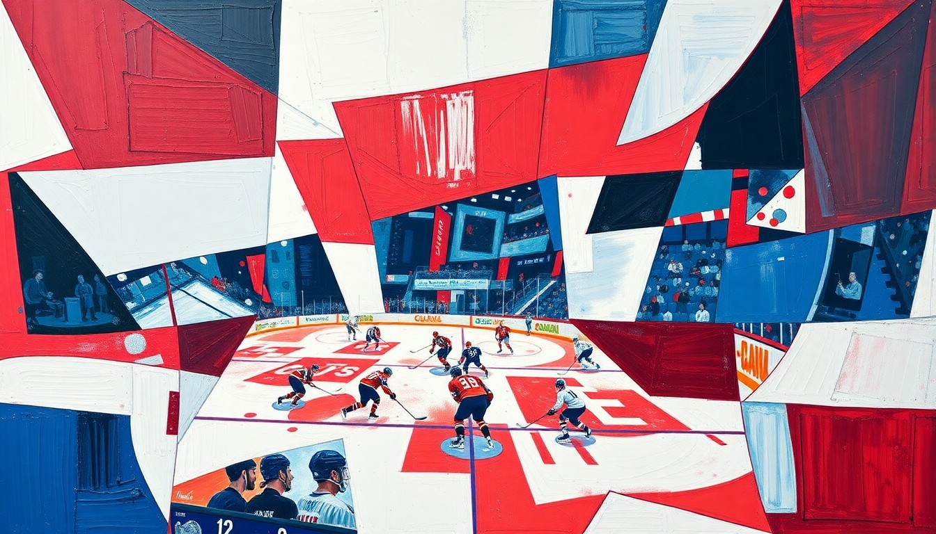 A cubist, geometric painting depicting a hockey game, with sharp, overlapping planes of red, white, and blue, capturing the intensity and uncertainty of the Red Wings' playoff push.