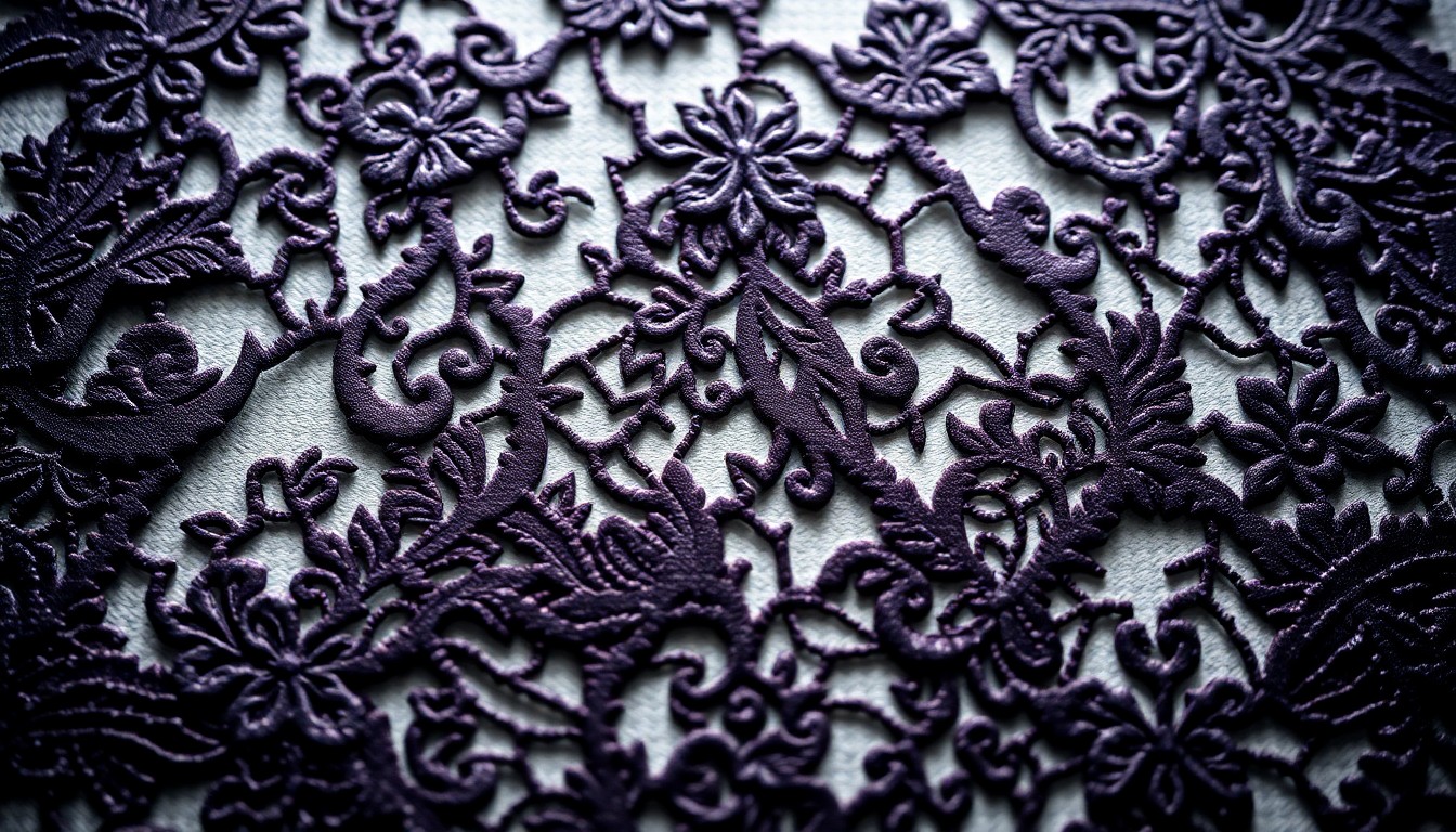 An abstract, high-contrast close-up photograph of a luxurious, delicate lace texture in shades of charcoal and deep burgundy, conveying a sense of fragility and loss.