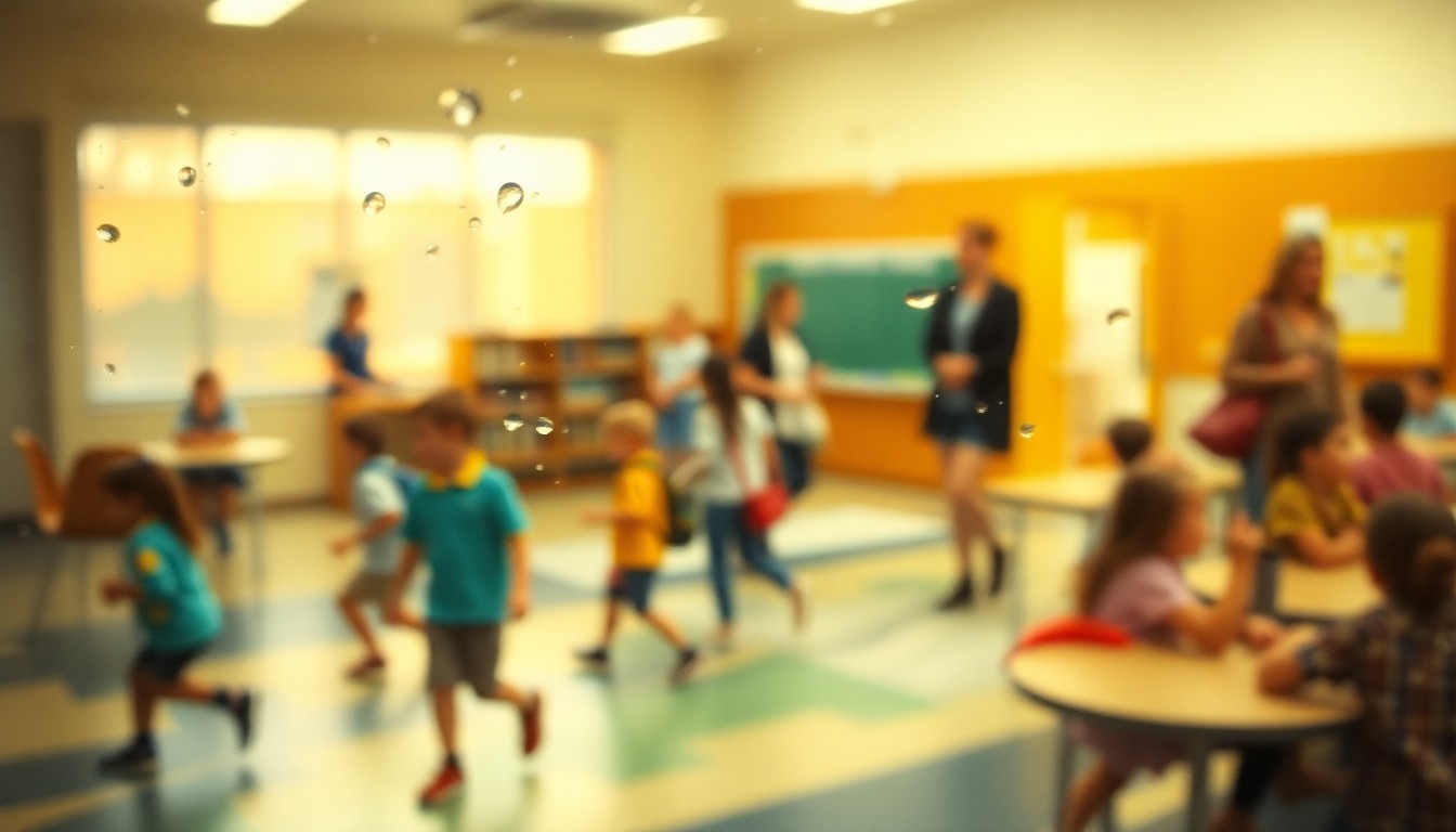 An abstract, impressionistic scene of blurred, colorful shapes representing a school community, conveying a sense of warmth, energy, and uncertainty about the future.