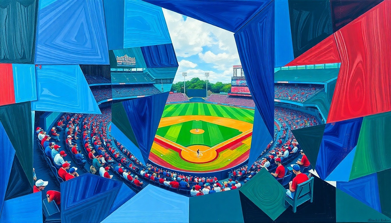 A fractured, geometric painting in bold primary colors, depicting a college baseball game from multiple perspectives simultaneously in the style of Pablo Picasso.