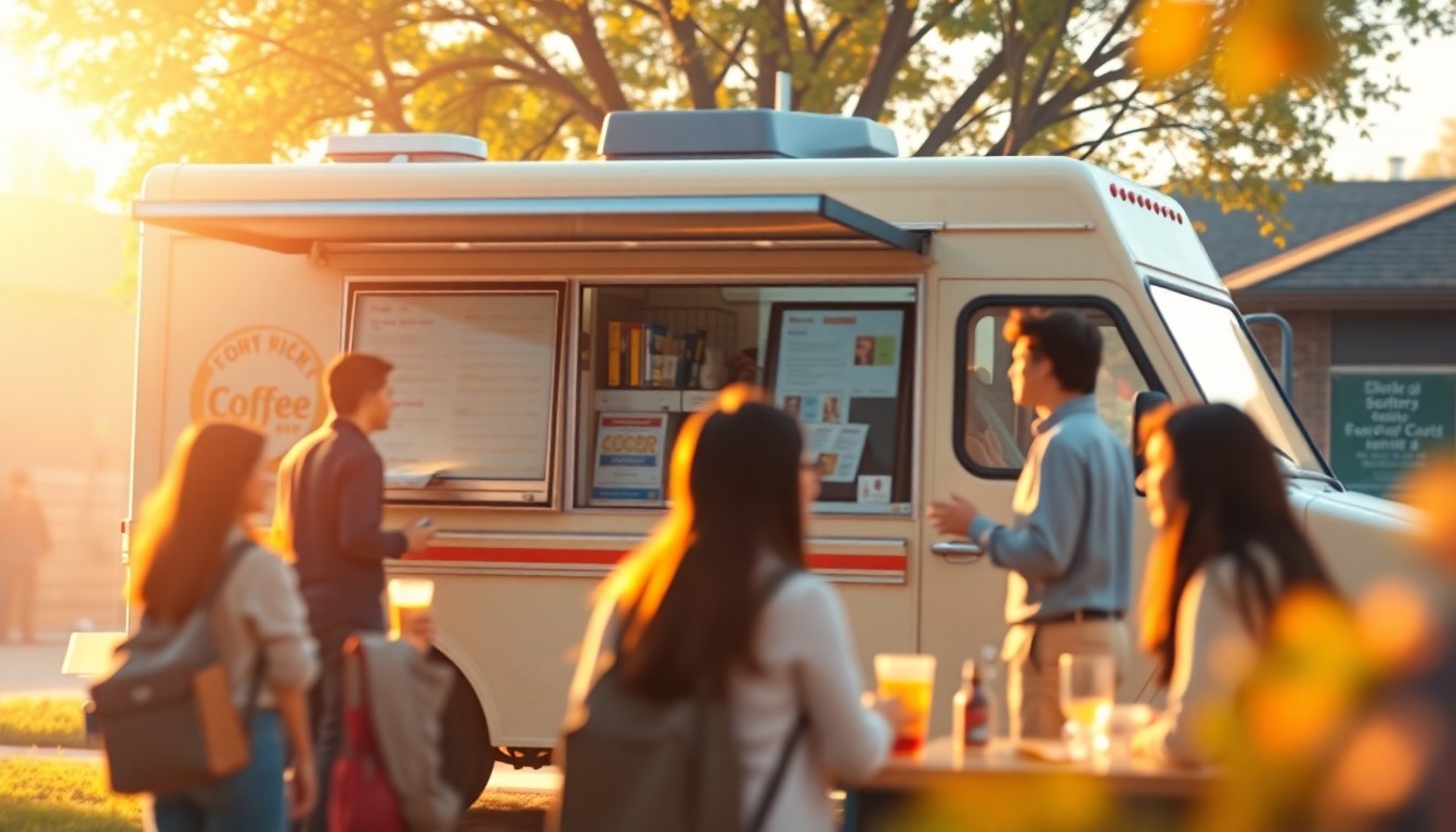 An extremely abstracted, out-of-focus photograph of a coffee truck parked at a school, with blurred figures of students and teachers gathered around enjoying drinks in the warm morning light. The scene is composed entirely of soft, atmospheric pools of yellow, orange, and blue color, creating a dreamlike, lifestyle-focused mood.