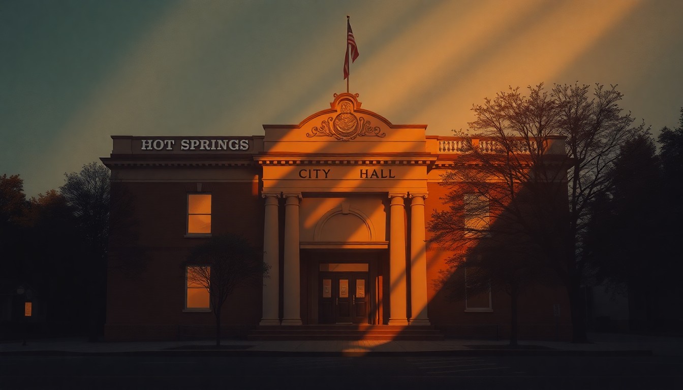 A photorealistic painting of the exterior of a government building in warm, golden light, with deep shadows and a sense of quiet contemplation, conceptually representing the stability and continuity sought by the city's leadership during a time of transition.