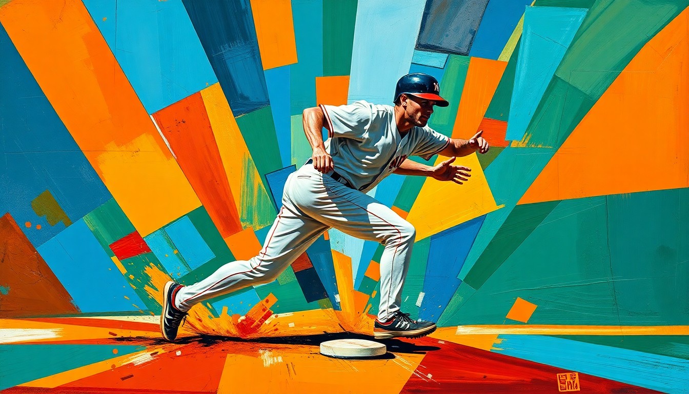 A fragmented, geometric painting depicting a baseball player sliding into a base, the action broken down into sharp, overlapping planes of color that convey the raw athleticism and competitive spirit of the sport.