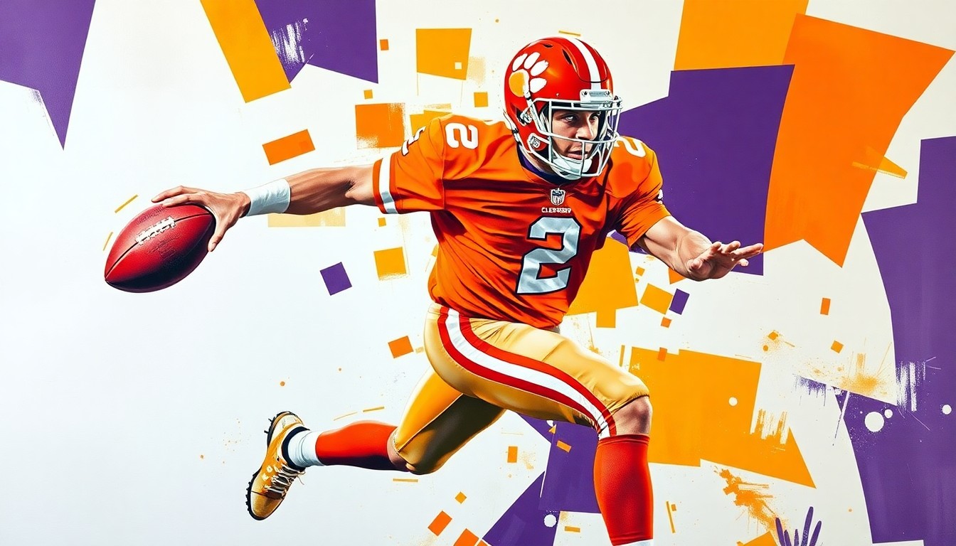 A cubist-style painting depicting a Clemson football player in motion, with their body fractured into overlapping geometric shapes in vibrant orange, purple, and white colors.