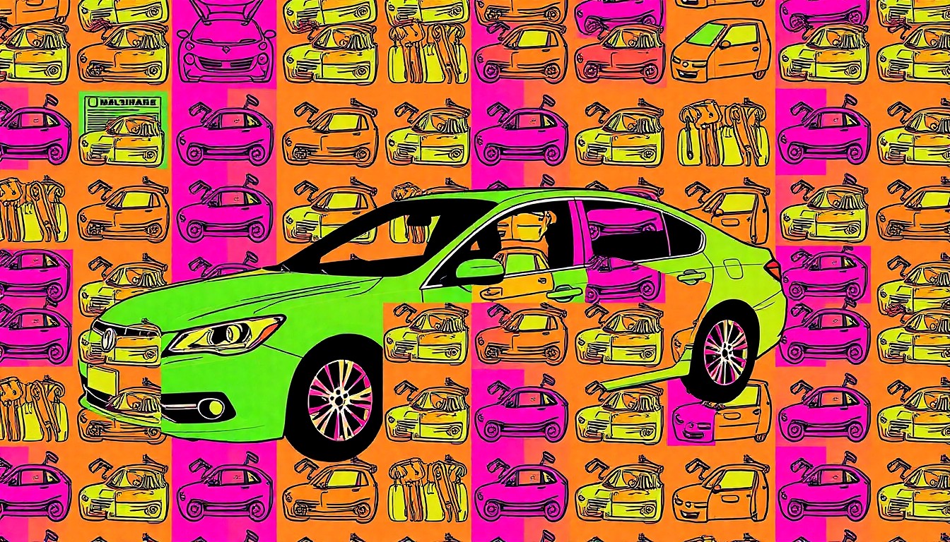 A brightly colored, high-contrast silkscreen print of a car, repeated in a grid pattern with bold black outlines and neon color overlays, conceptually representing the need for legal expertise after a vehicle accident.