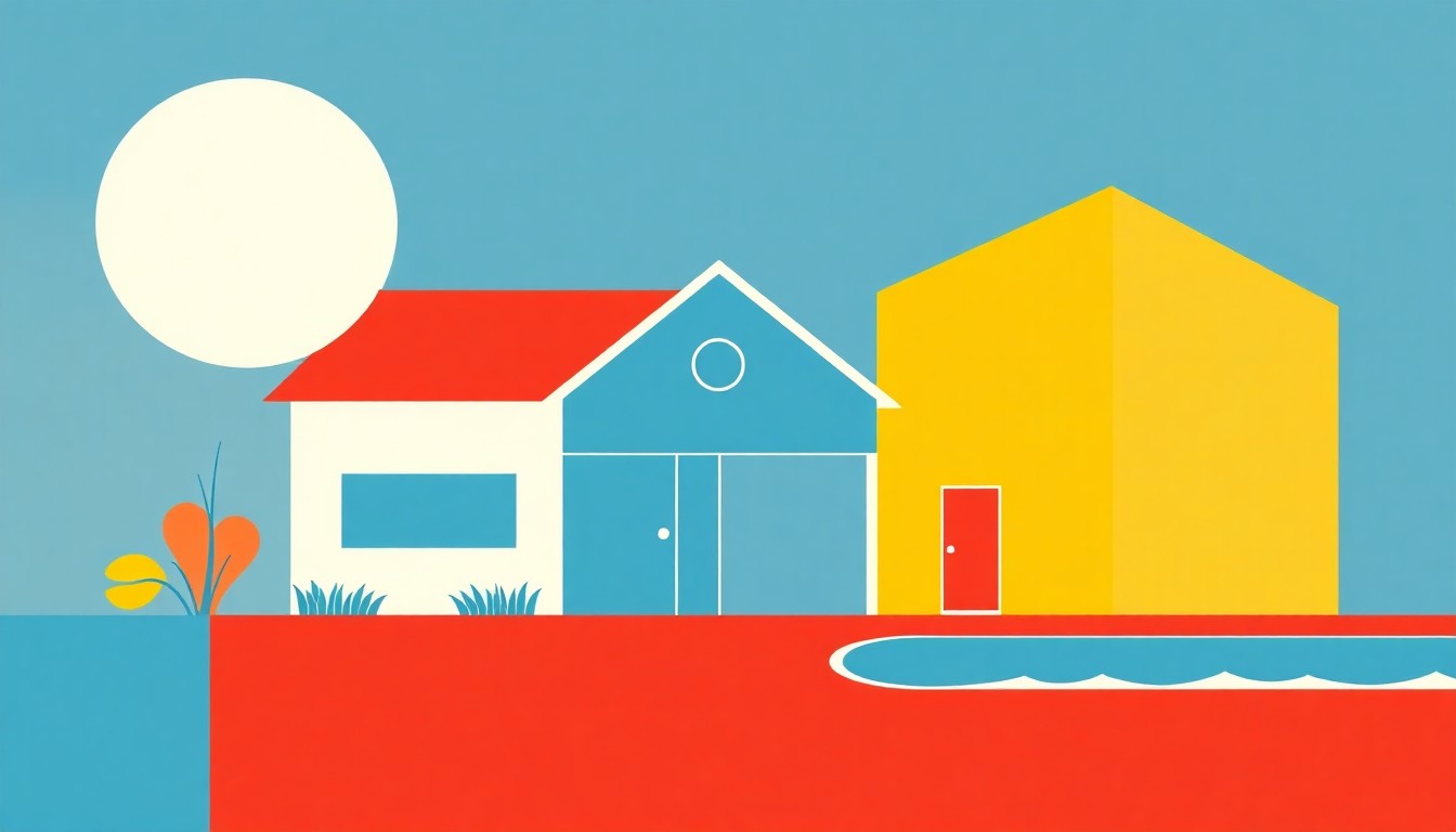 A vibrant abstract illustration composed of overlapping triangles and rectangles in shades of blue, orange, and red, conceptually representing the financial pressures of rising home insurance costs in the region.
