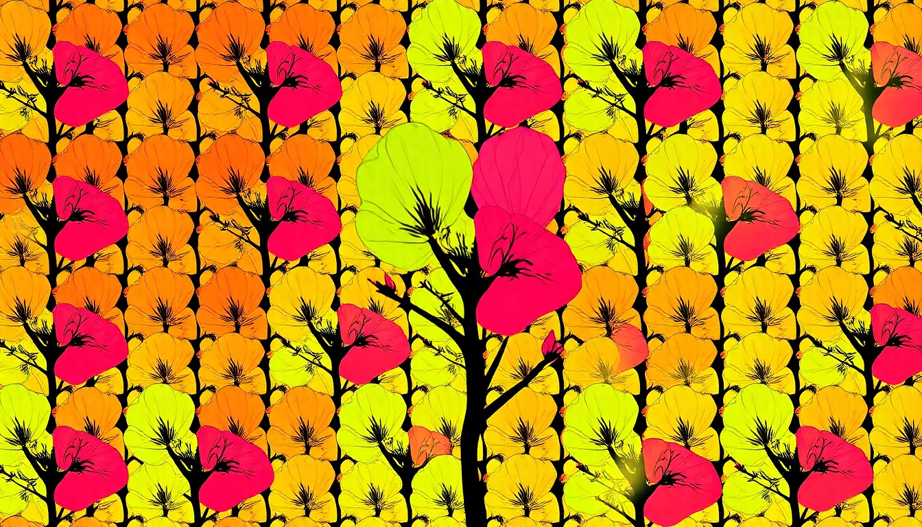 A highly stylized, abstract grid of boldly colored Bradford pear tree flowers, conceptually representing the ubiquity and divisive nature of this invasive species in New Jersey communities.