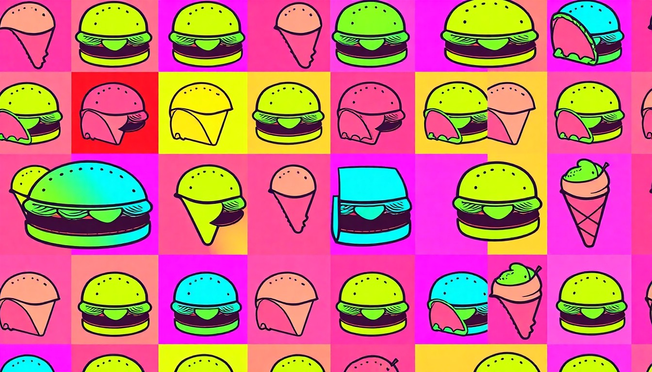 A high-contrast, silkscreen-style illustration of a hamburger icon repeated in a grid pattern, using bold, neon-like colors to capture the energy and creativity of food truck culture.