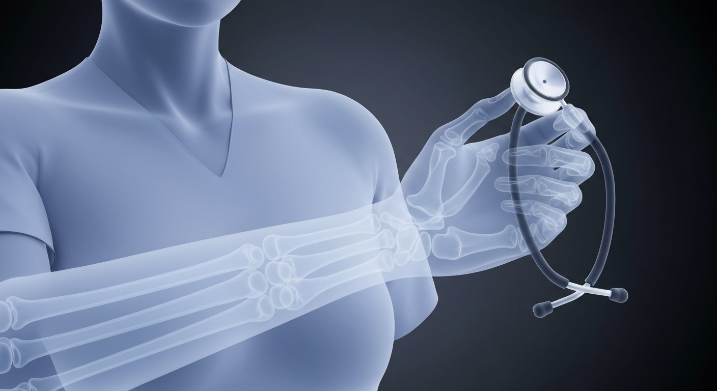 A translucent X-ray image showing the ghostly outline of a nurse's hands holding a stethoscope, conveying the critical role of medical professionals in providing care during staffing shortages.