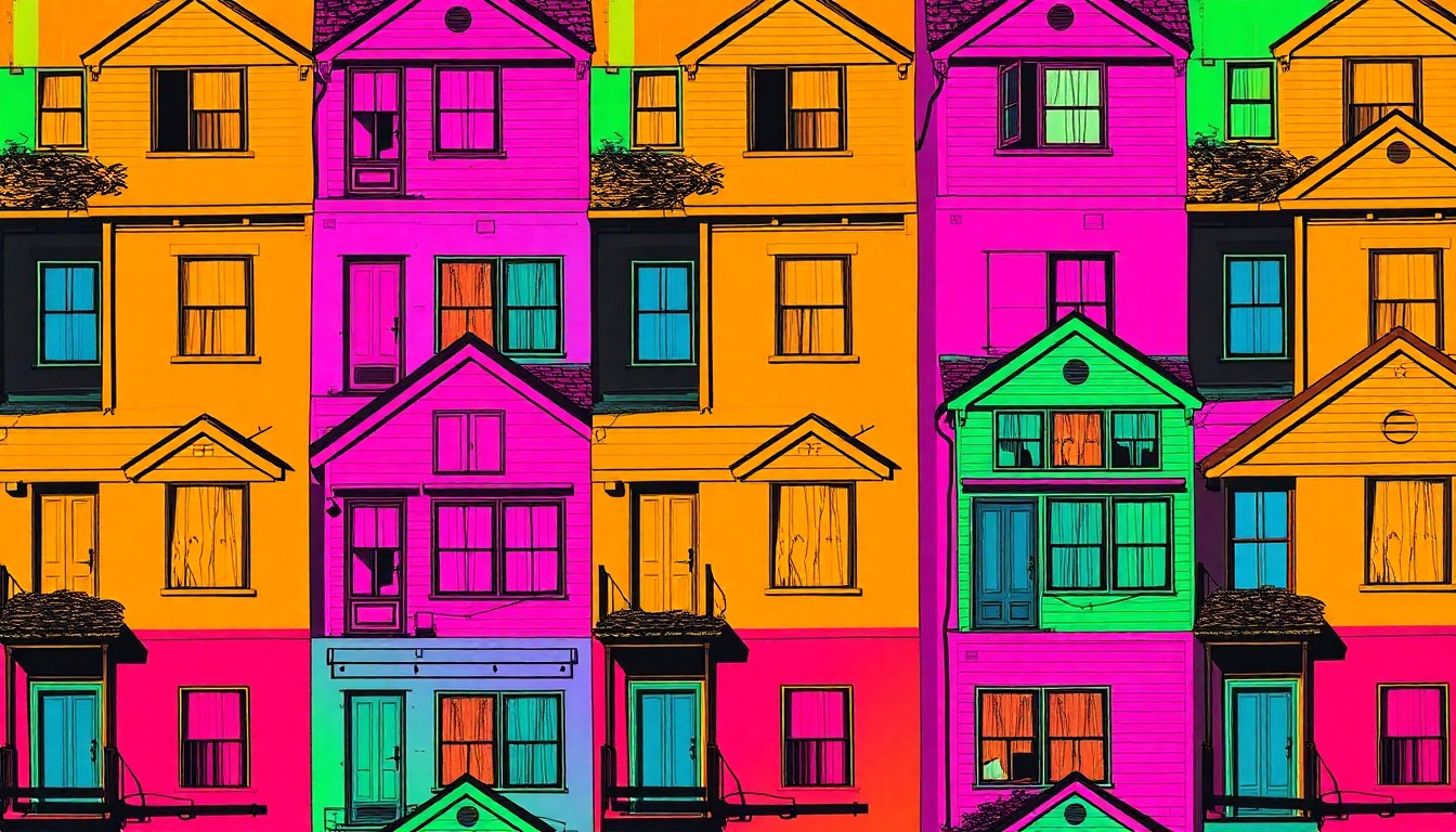 A highly stylized, abstract image composed of repeating neon-colored silkscreen prints of a dilapidated house, conceptually representing the urban blight and redevelopment struggles in the Flint neighborhood.