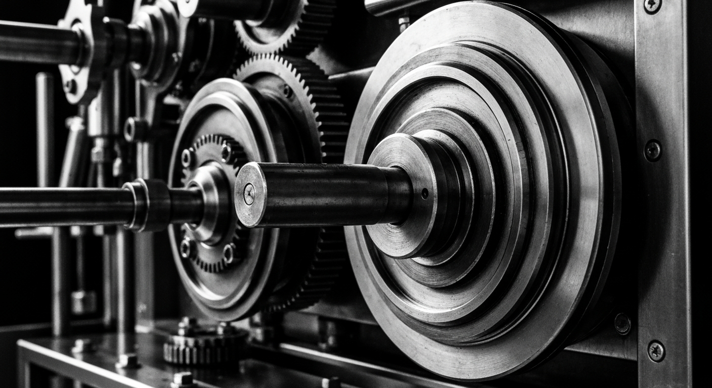 An extreme close-up of the complex inner workings of a medical sterilization machine, rendered in high-contrast black and white photography to convey a sense of industrial strength and precision essential to infection control.