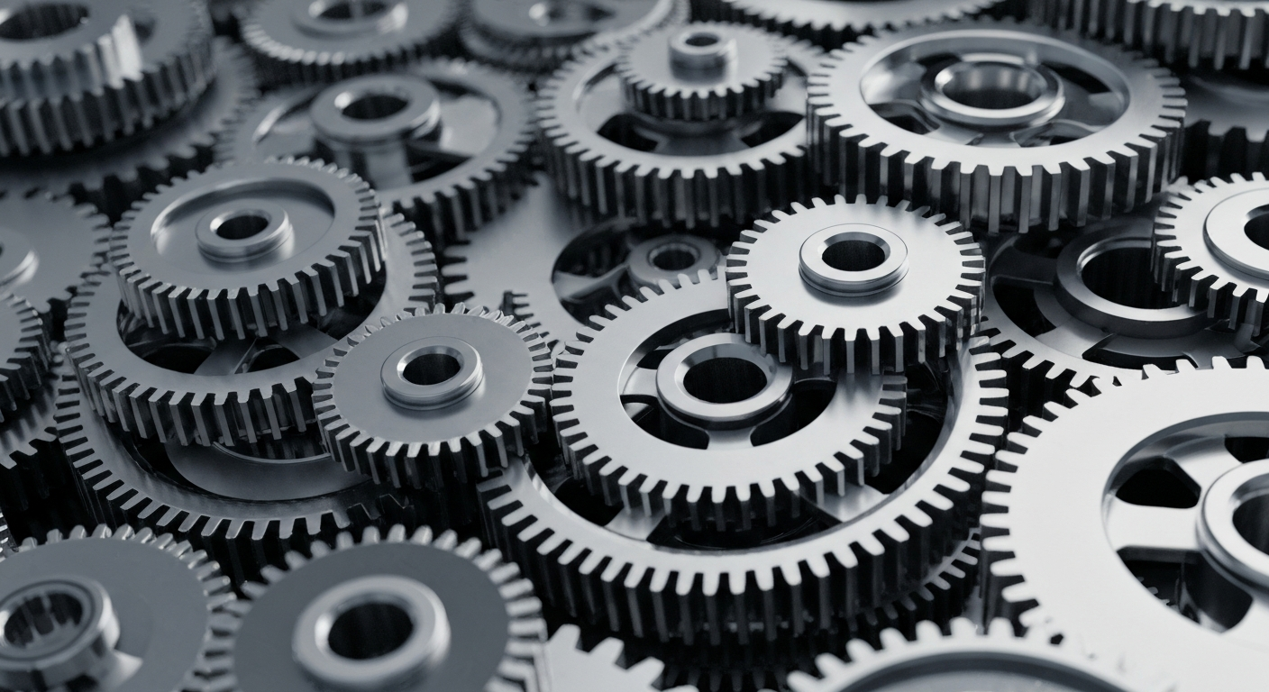 An extreme close-up of highly detailed, interlocking metal gears and machinery in a dark, industrial color palette, conceptually representing the complex financial technology and infrastructure behind Broadcom's semiconductor business.