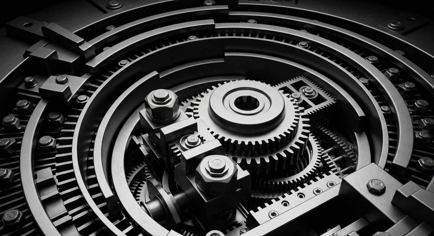 An extreme close-up of the intricate, metallic gears and components of a complex financial mechanism, rendered in high-contrast black and white tones to convey the power and security of the global banking infrastructure.