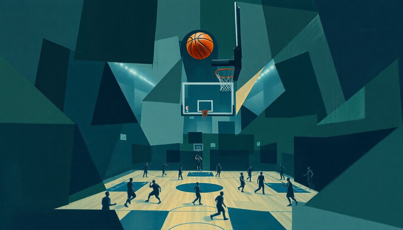 A cubist, geometric painting depicting a fragmented basketball game, with sharp, overlapping planes in muted colors representing the complex and fractured nature of the debate around LGBTQ+ inclusion in the NBA.