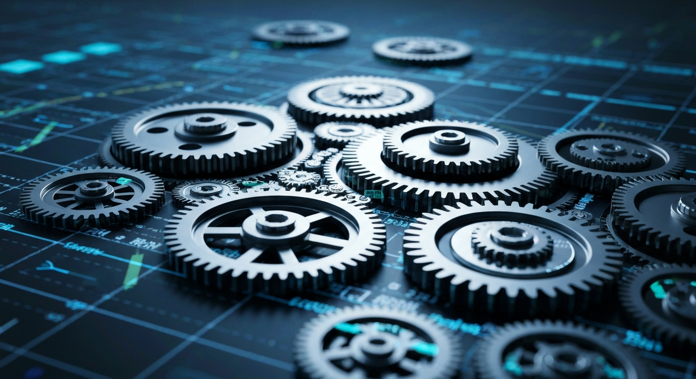 An extreme close-up of the complex, interlocking gears and components of a high-tech financial trading platform, representing the powerful infrastructure that drives global markets and institutional investment in tech giants like Meta Platforms.