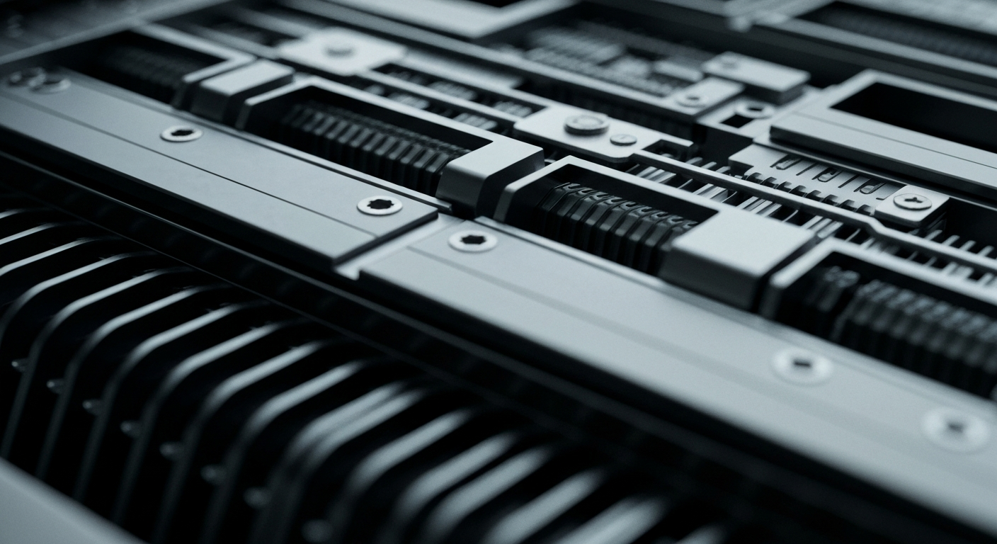 An extreme close-up of the complex, metallic gears and mechanisms of a high-tech banking machine, conveying the secure, powerful infrastructure behind Apple's financial success.