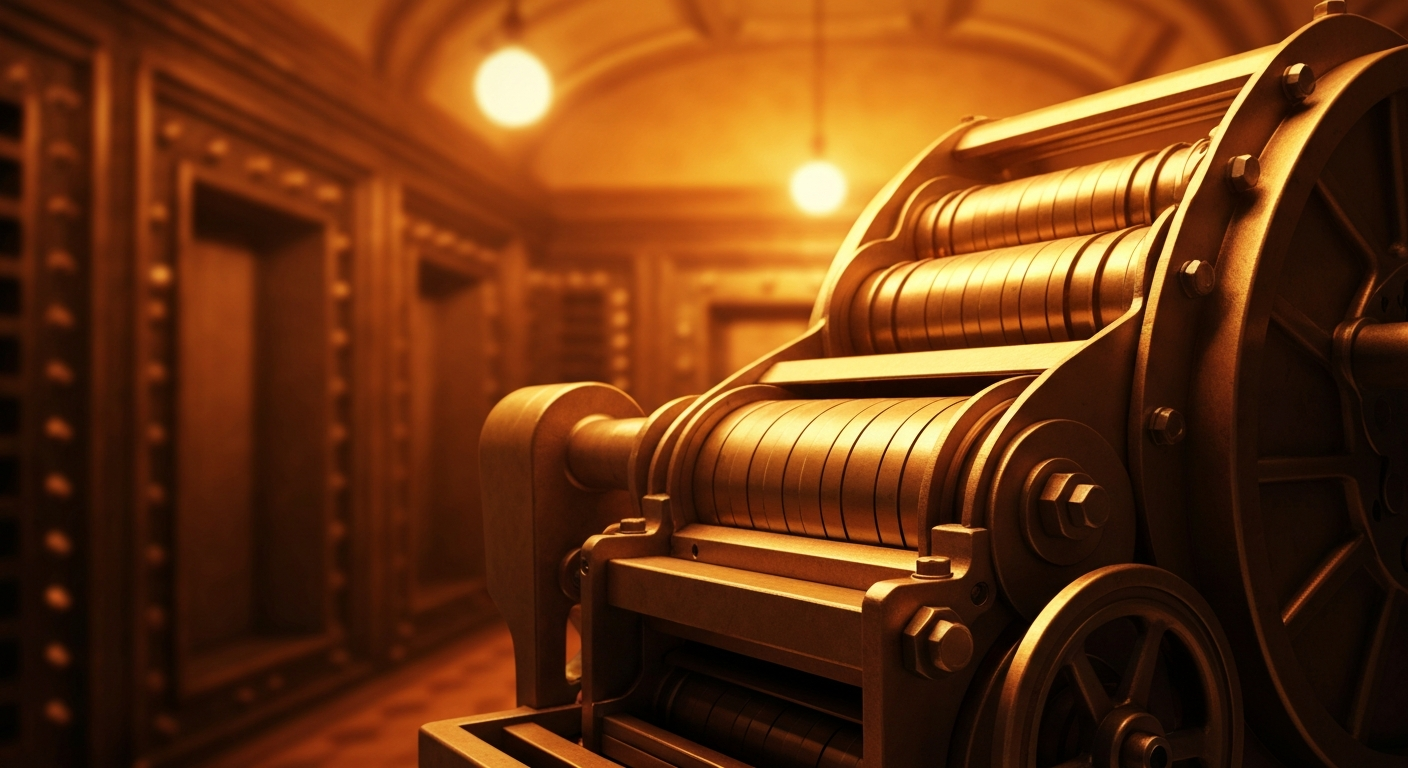 An extreme close-up of gears, levers, and other heavy machinery components, representing the complex infrastructure of the banking industry.