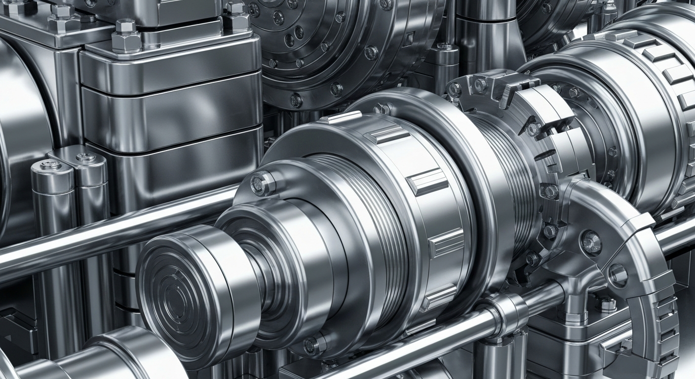 An extreme close-up of gleaming aircraft leasing equipment and machinery, capturing the industrial power and institutional backing of the sector.