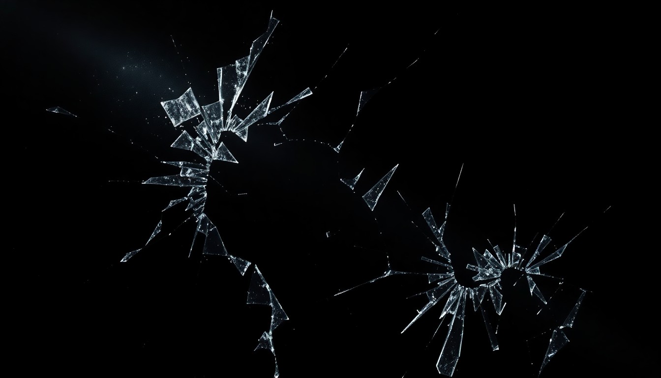 An extreme close-up photograph of shattered car window glass reflecting a faint red glow, conceptually illustrating the devastation of the fiery crash that killed three high school students on their way to spring break.
