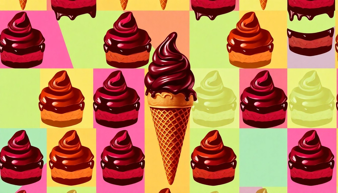 A vibrant, high-contrast silkscreen print featuring a repeated image of a Dubai Chocolate dessert item, such as a layered parfait or chocolate-dipped waffle cone, in a grid pattern with bold, unnatural colors and heavy black outlines, conceptually representing the viral spread of this social media-driven food trend.