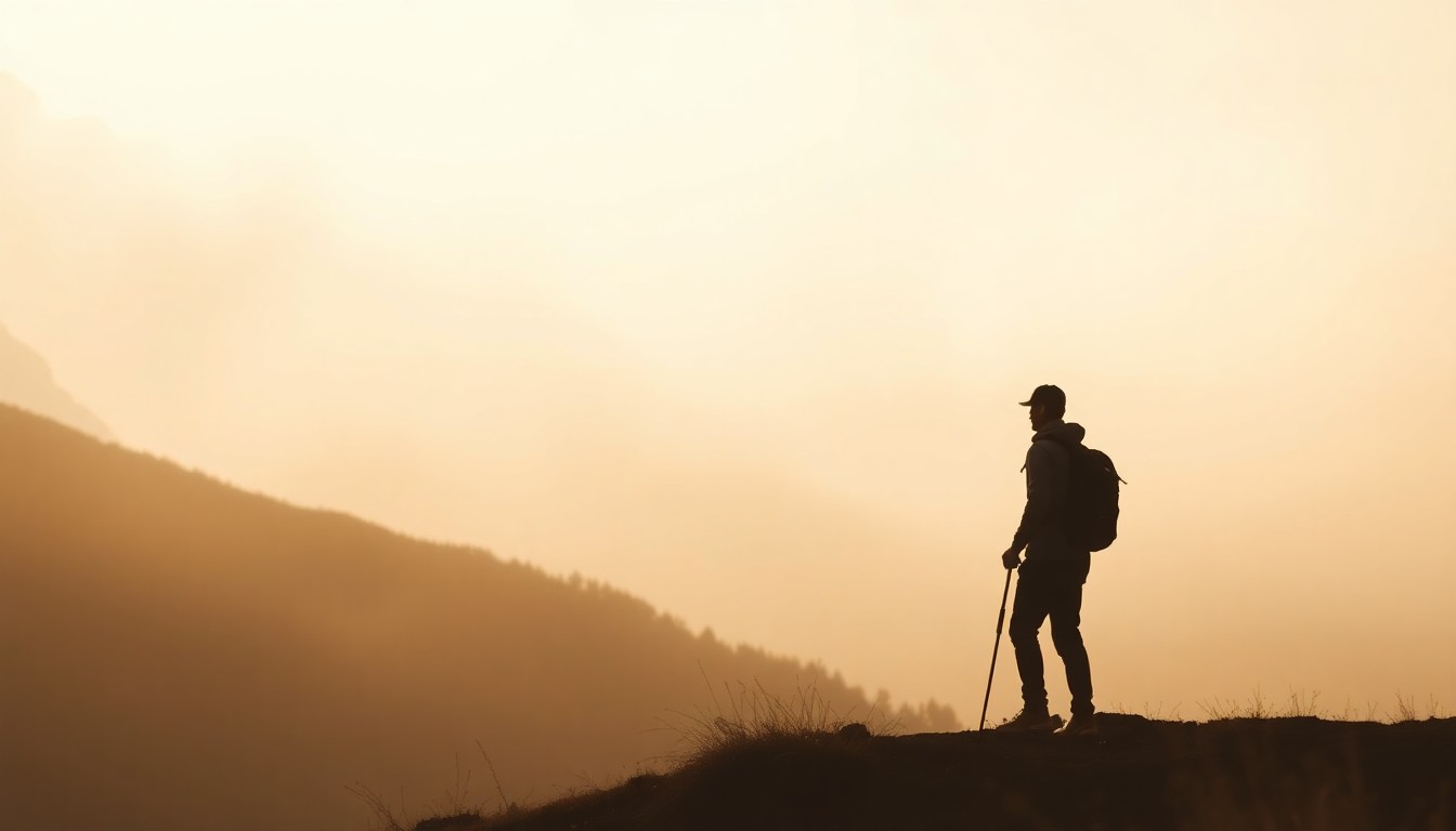 An abstract, impressionistic photograph showing the faint outline of a hiker against a blurred, dreamlike mountain landscape in warm, earthy tones, conveying a sense of adventure, exploration, and the enduring legacy of a pioneering mountaineer.