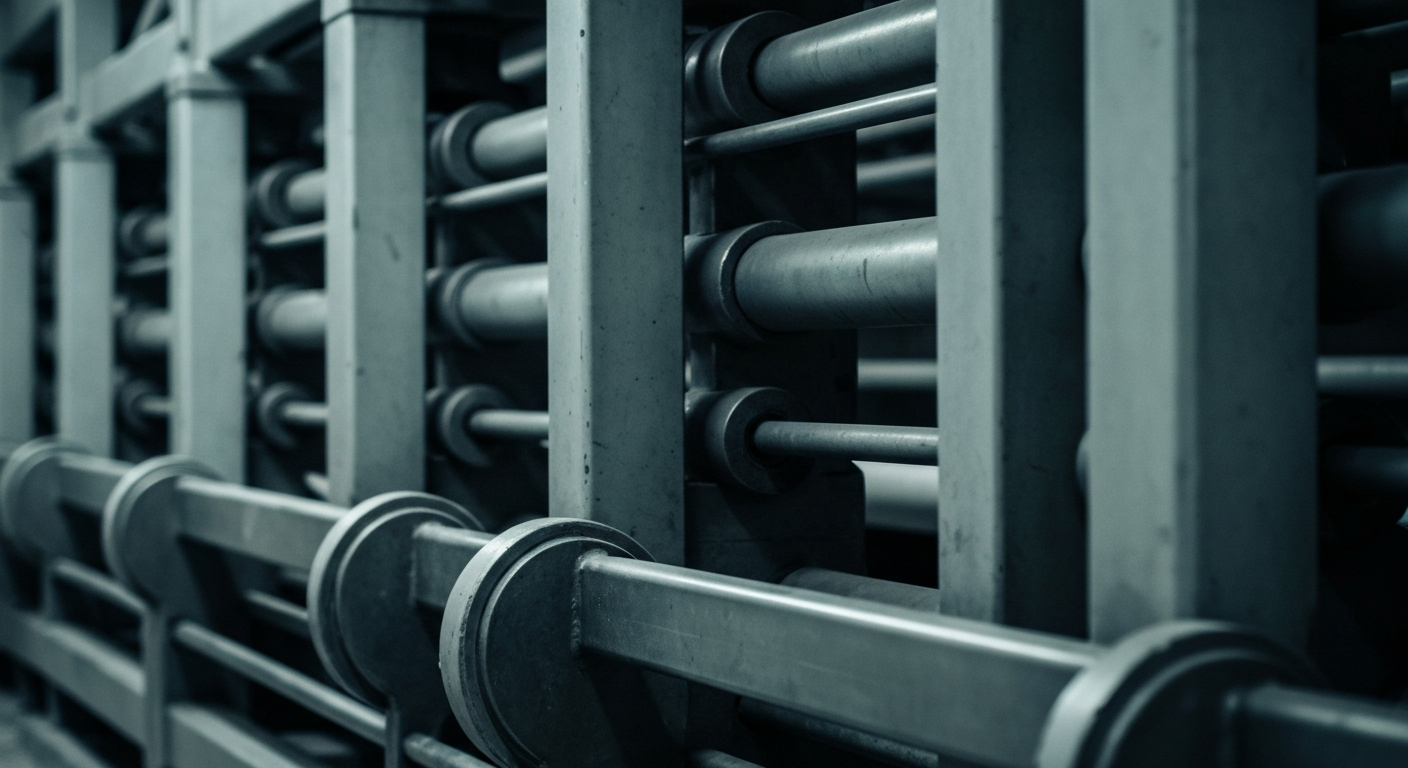 An extreme close-up of gears, levers, and other heavy industrial components that are part of a bedding manufacturing process, conveying the physical, mechanical nature of the industry without using any text or identifiable branding.