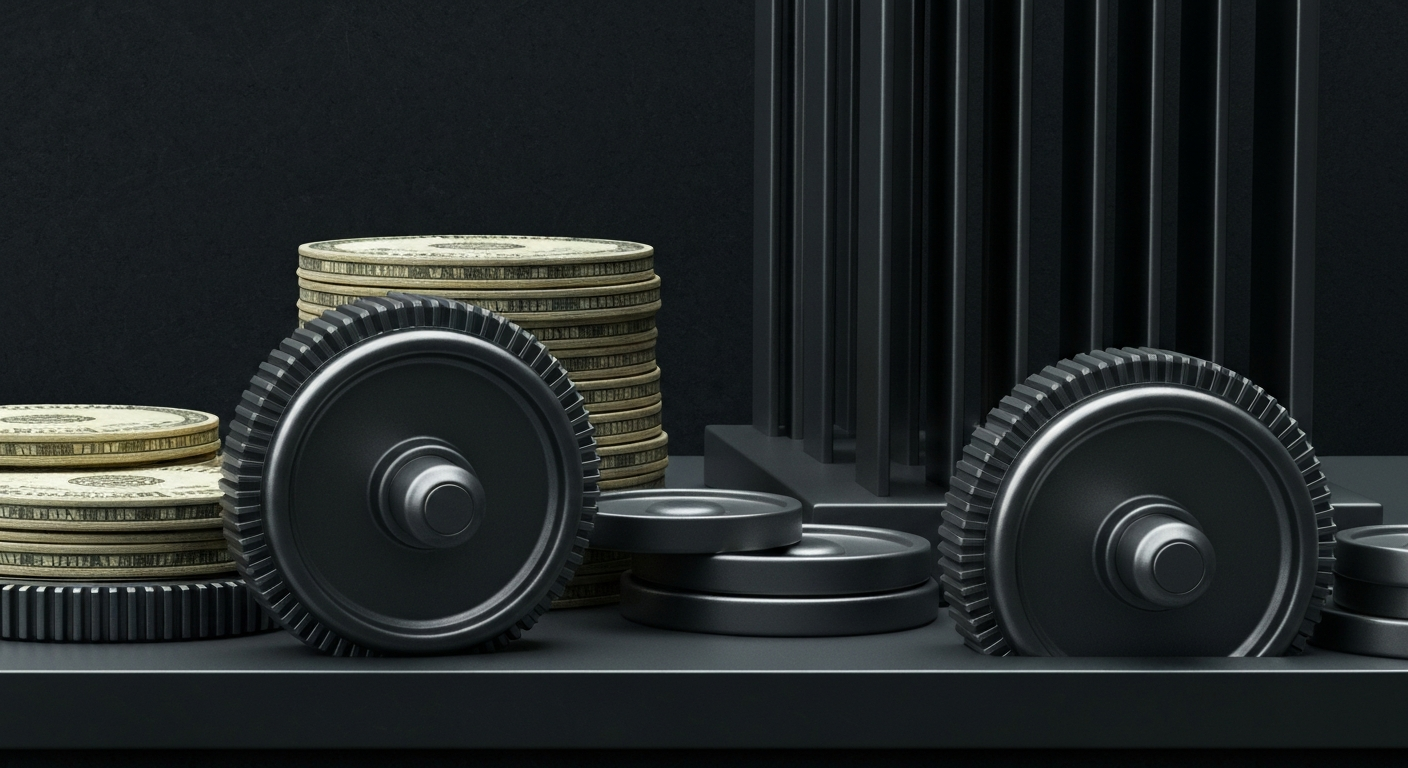 An extreme close-up of gears, levers, and other heavy industrial banking equipment, conveying the idea of the financial infrastructure that enables stock market transactions.