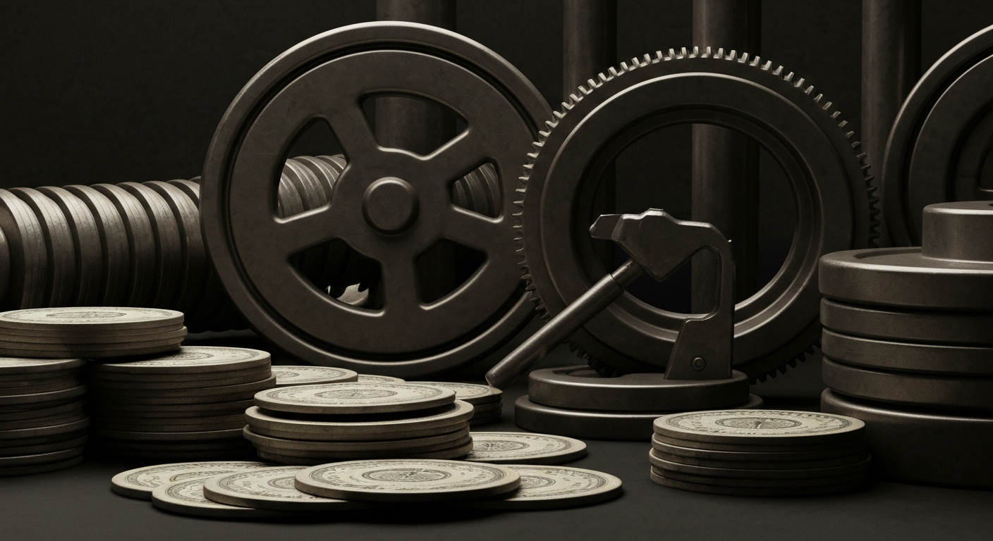 An extreme close-up of various metal gears, levers, and components that make up the internal workings of a banking or financial institution, conveying a sense of the heavy, industrial nature of the finance sector.