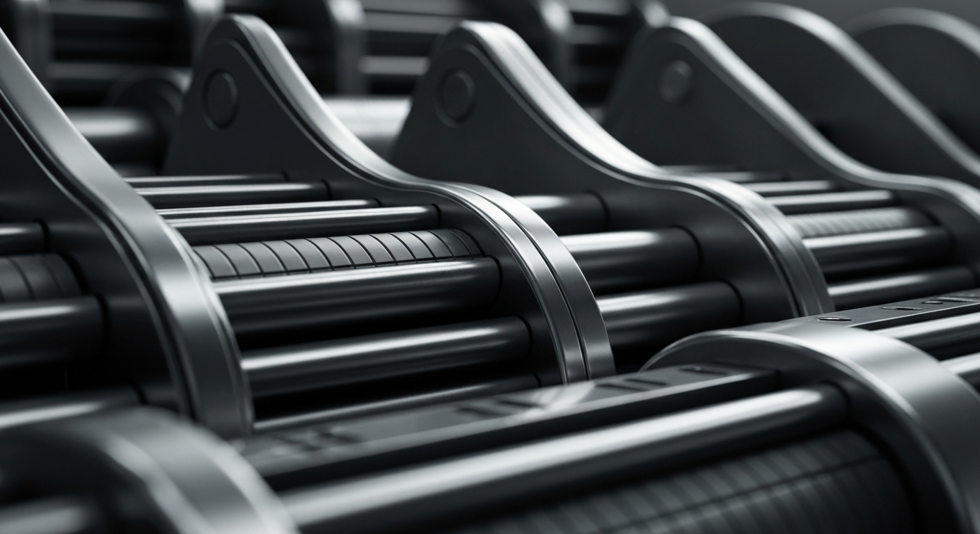 An extreme close-up of gleaming, industrial banking equipment and mechanisms, conveying the tangible, physical nature of financial institutions and markets.
