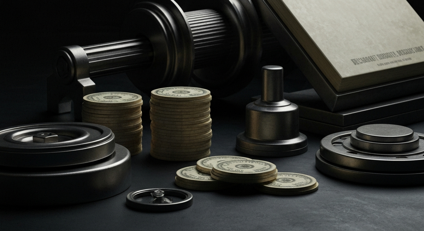 An extreme close-up of various metal gears, levers, and mechanisms, conveying the intricate, industrial nature of financial institutions and investments.
