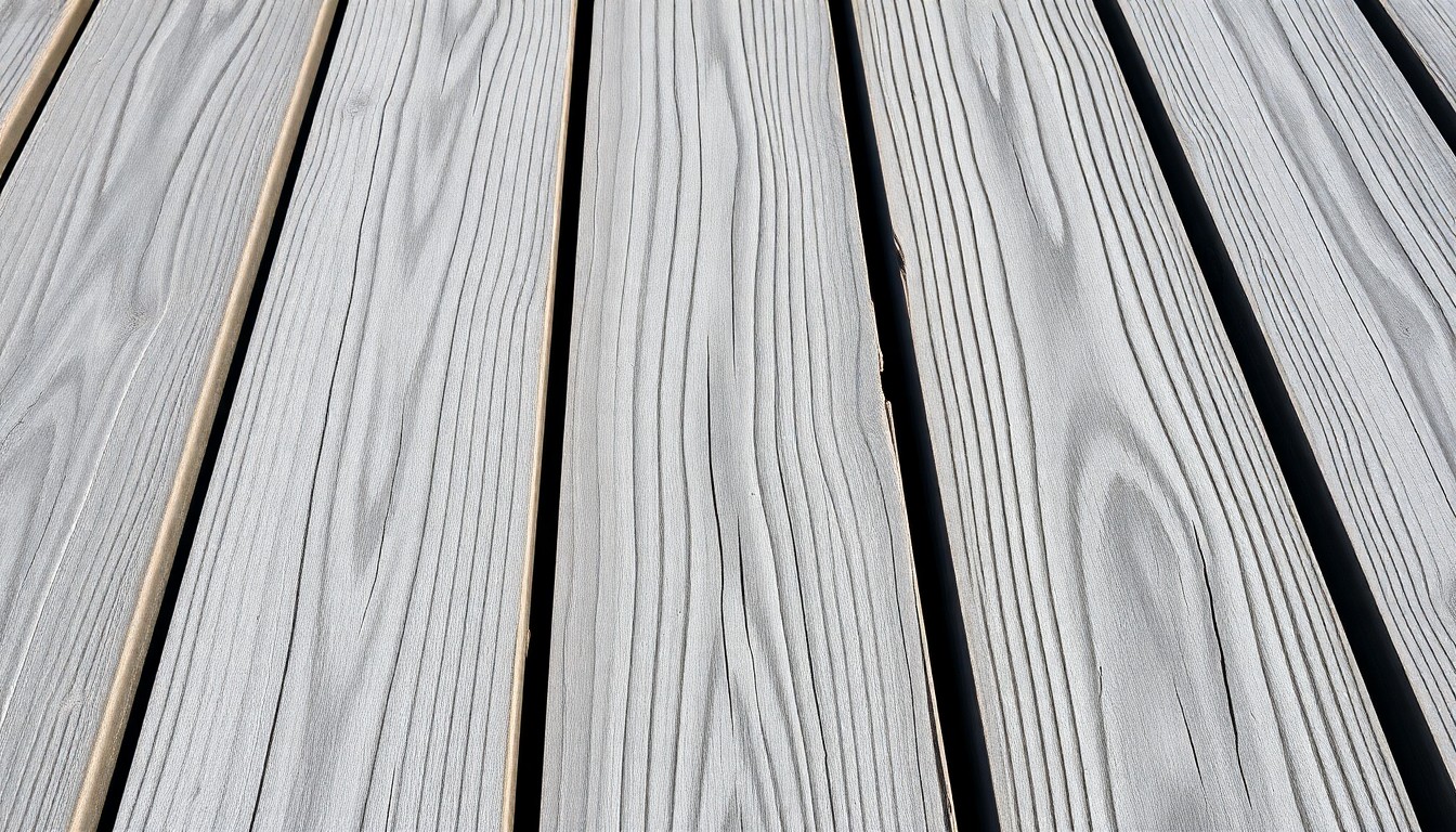 An abstract close-up photograph of a weathered, sun-bleached wooden deck board in shades of gray and beige, conceptually representing the coastal charm of a luxury beach property.