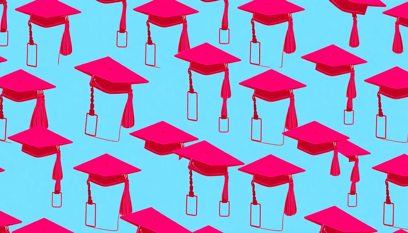 A brightly colored, high-contrast silkscreen print of a graduation cap repeated in a tight grid pattern, conceptually representing the student-focused nature of the Arkansas FCCLA conference.