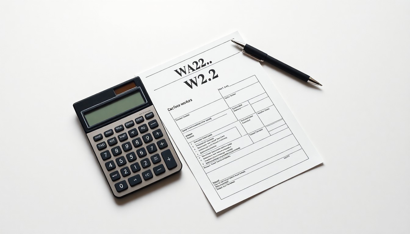 A high-end, photorealistic studio still-life photograph featuring a stack of W-2 tax forms, a calculator, and a pen arranged elegantly on a clean, white seamless background, conceptually representing the importance of employers fulfilling their obligations to former staff.