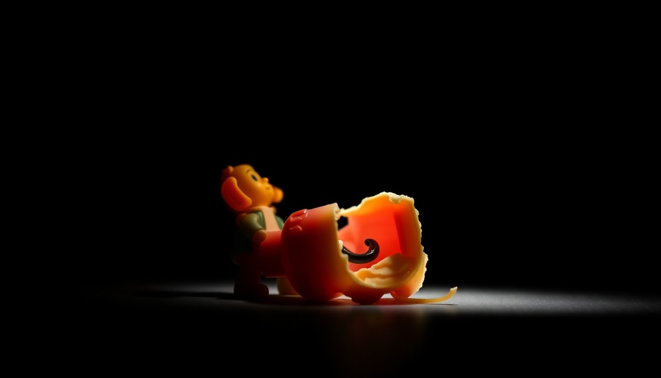 An extreme close-up photograph of a small, broken plastic toy figurine lit by a harsh, direct camera flash against a pitch-black background, conveying a sense of neglect and the aftermath of a tragic event.