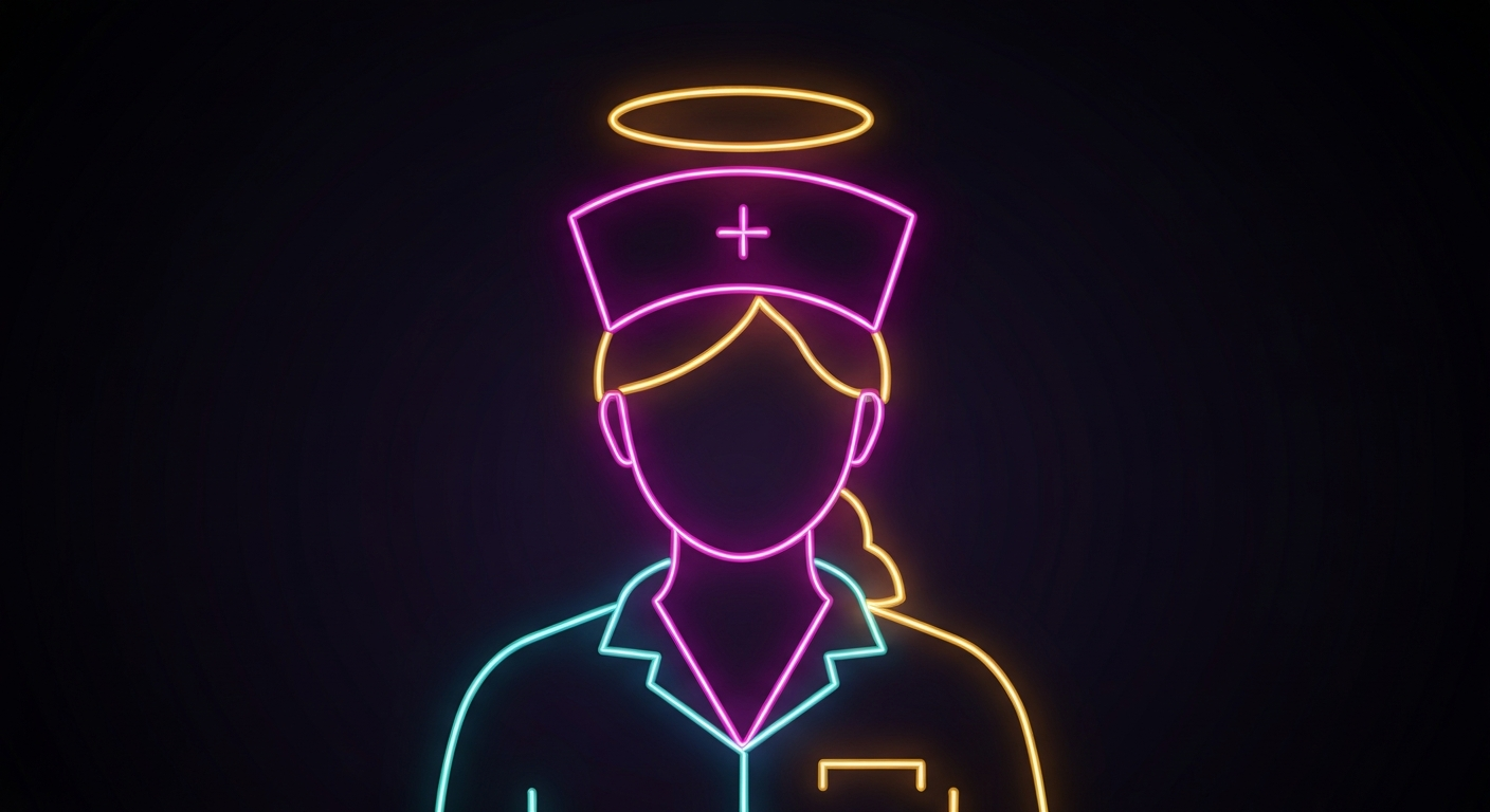 A minimalist neon outline of a nurse's silhouette, with a halo of light above the head, against a dark background, conceptually representing the compassionate care provided by Novant Health's caregivers.