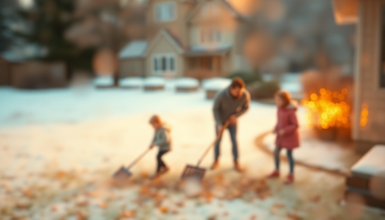 An impressionistic, out-of-focus photograph depicting a family working together outdoors, with warm pools of light and muted colors, conveying a sense of community spirit and selfless service.