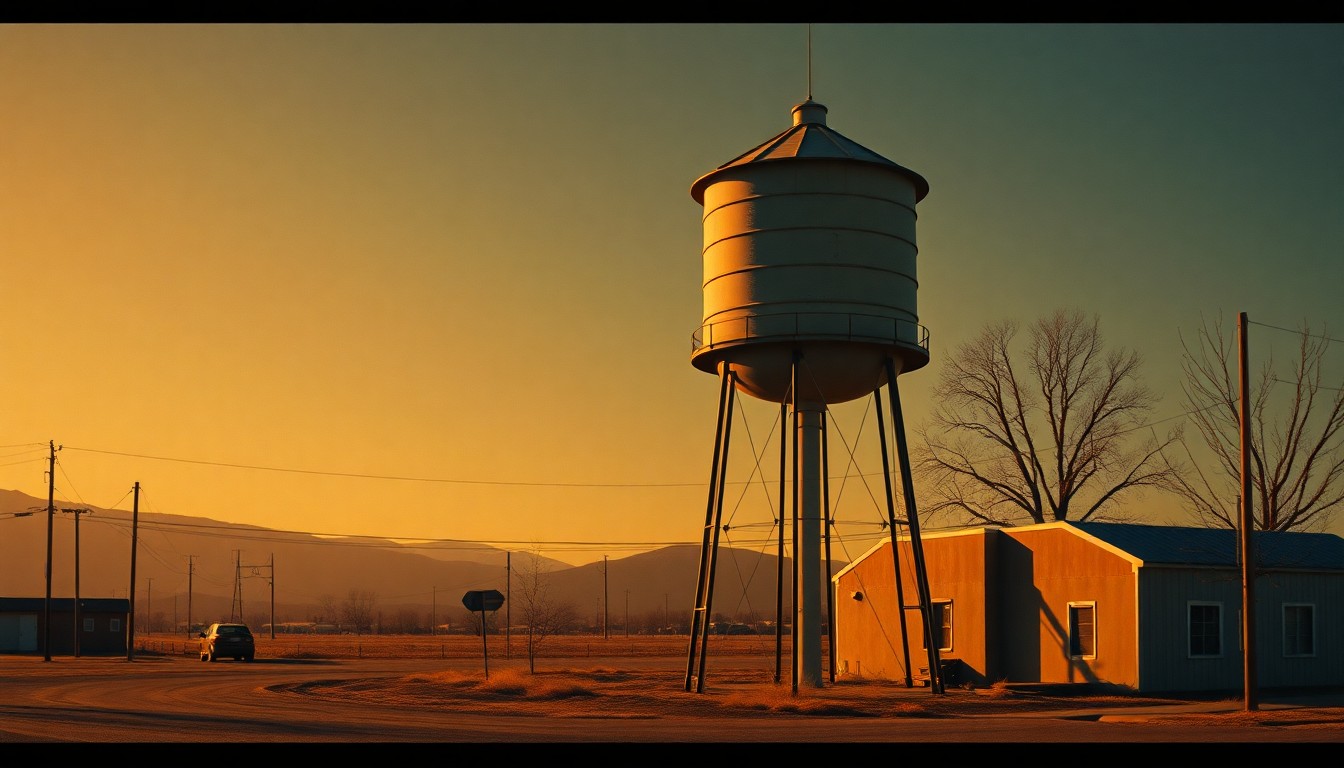 A nostalgic, cinematic painting of an old water tower or municipal building in Baker, Montana, with warm sunlight casting deep shadows across the structure, conveying a sense of quiet contemplation about the city's infrastructure challenges and cooperative solutions.