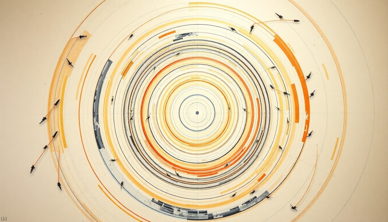 A highly structured abstract painting in soft blues, greens, and grays, featuring sweeping geometric arcs, concentric circles, and precise spirals, conceptually representing the complex systems needed to track and monitor objects in Earth's orbit.