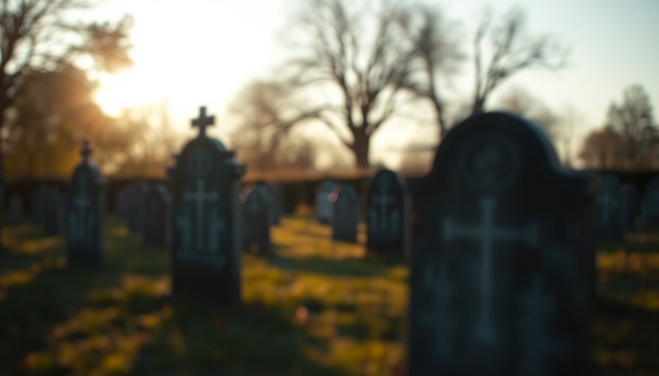 An abstract, impressionistic photograph of a rural cemetery in soft, hazy light, with blurred headstones and trees in the background, conveying a sense of tranquility and remembrance.