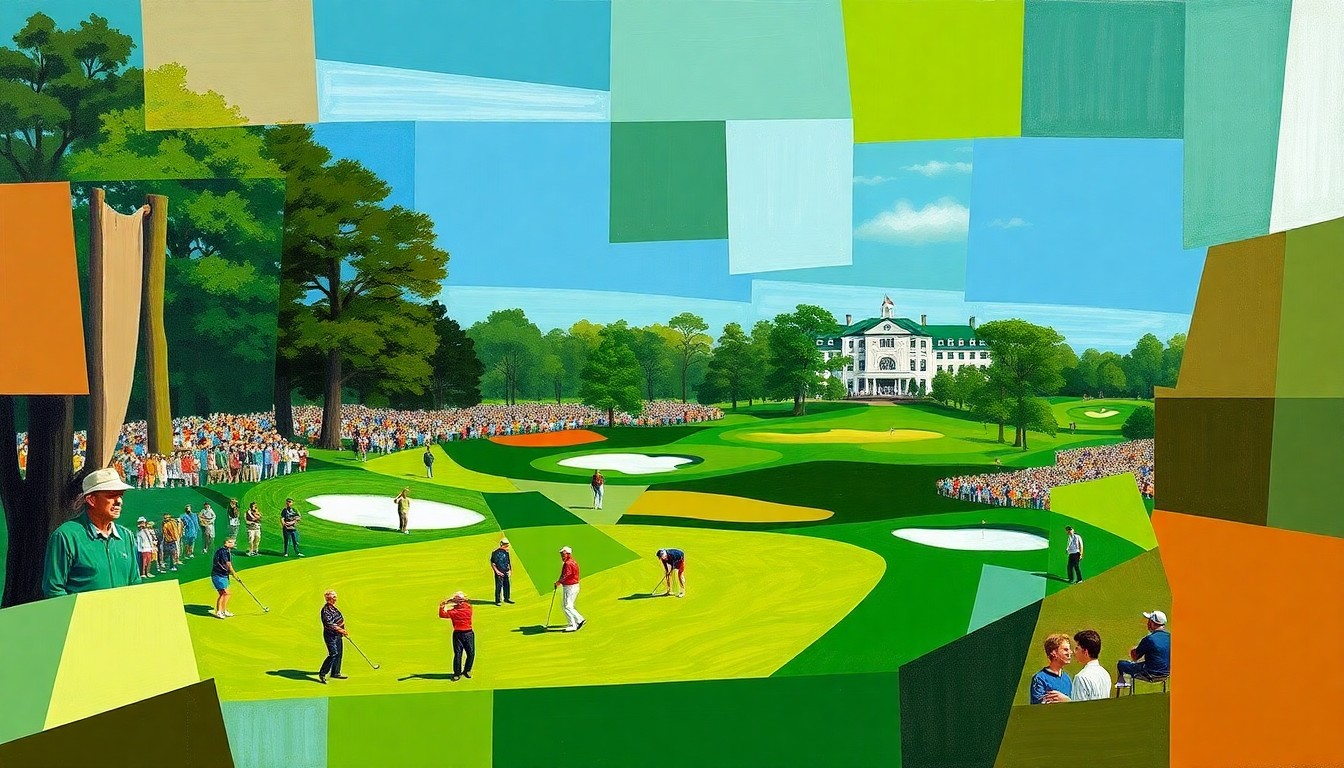 A cubist, geometric painting depicting a fragmented scene of a golf course, with players, spectators, and the clubhouse rendered in sharp, overlapping planes of vibrant green, brown, and blue hues.