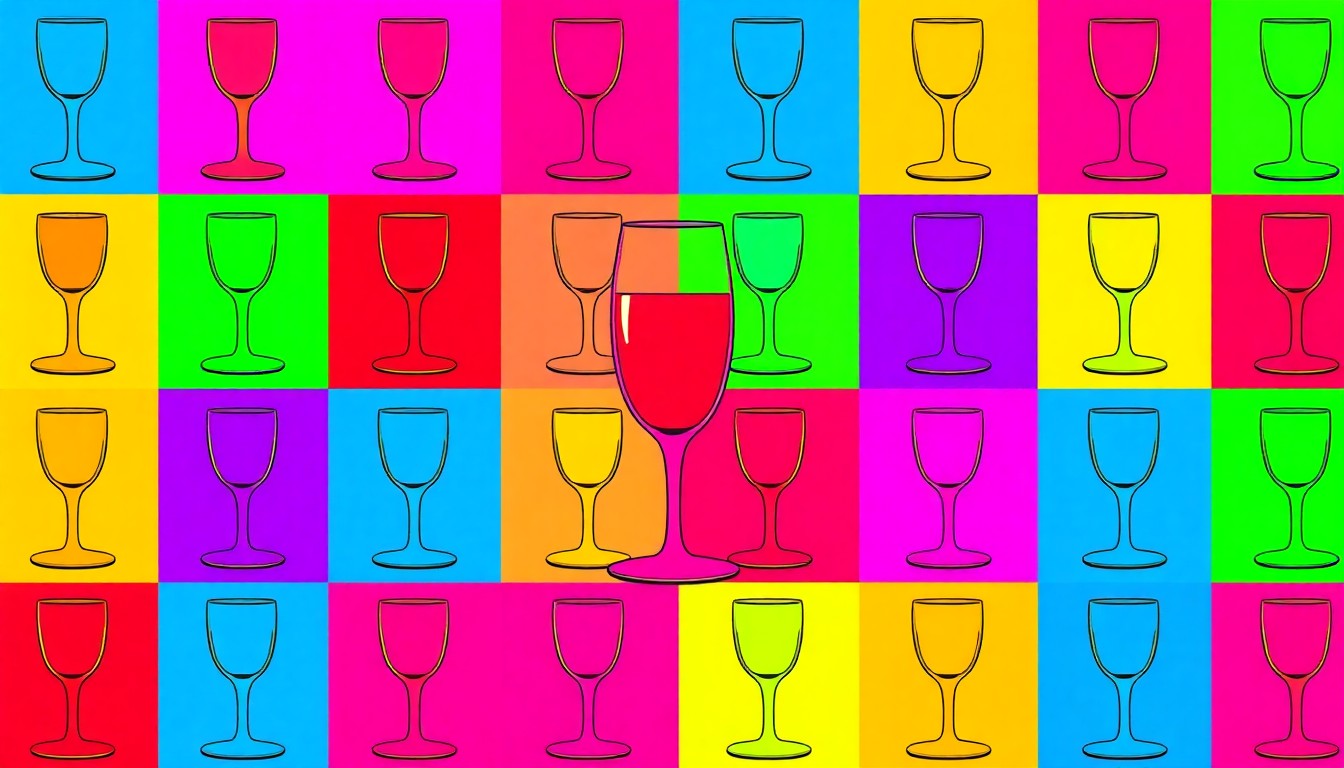 A bold, colorful silkscreen print featuring a repeated image of a champagne glass or engagement ring in a grid pattern, capturing the celebratory mood of a marriage proposal in a modern, artistic style.