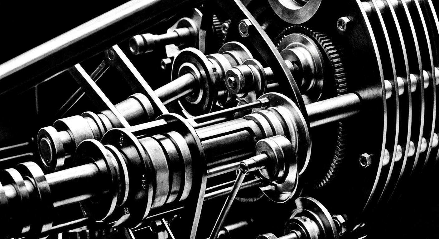 A high-contrast, black-and-white close-up image of complex financial machinery, such as gears, levers, and computer components, conveying the power and complexity of the financial system as a conceptual metaphor.