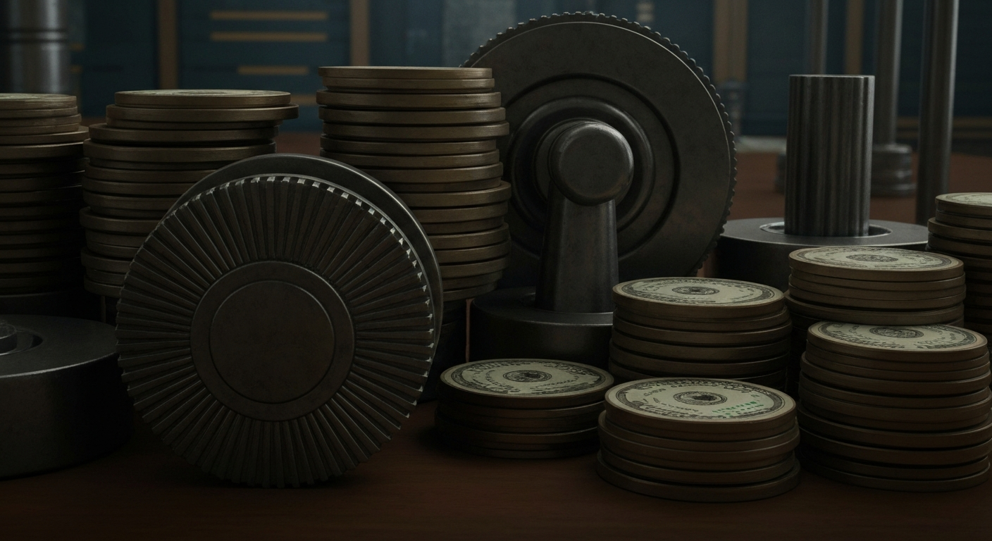 An extreme close-up of gears, levers, and other industrial components, conveying the idea of the inner workings of the banking and finance sectors.