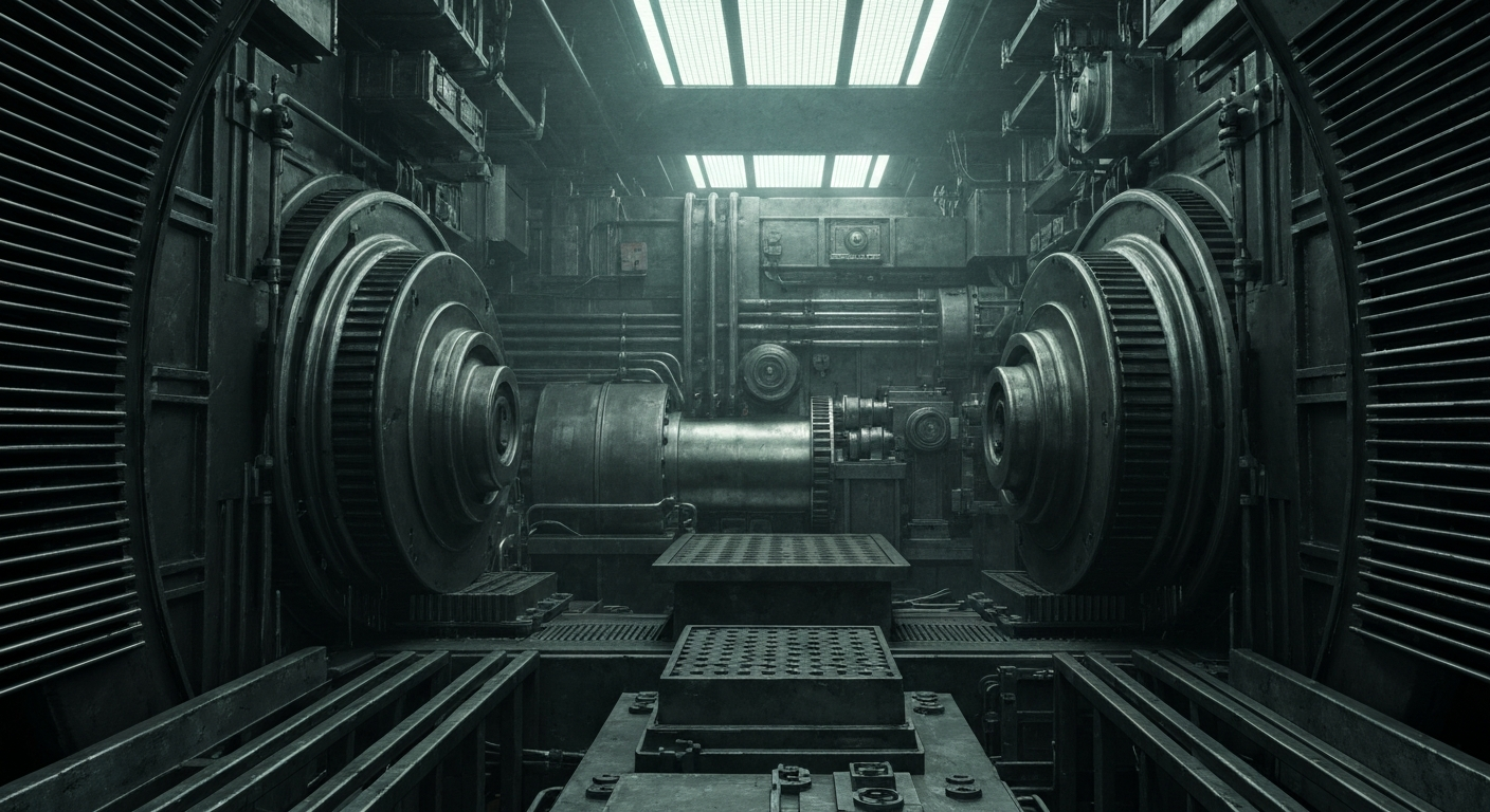 An extreme close-up of the intricate metal gears and mechanisms of a banking machine, representing the complex and influential nature of the financial industry.