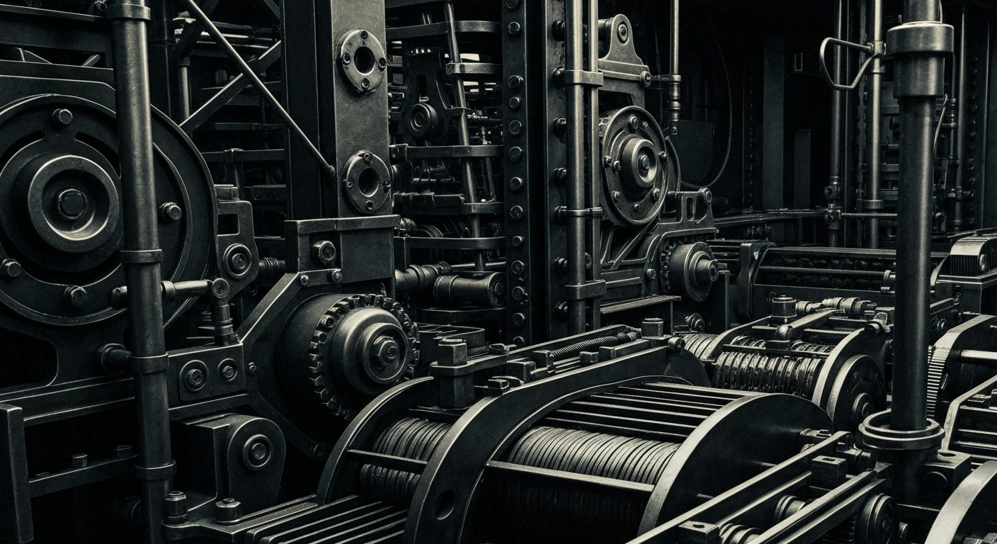 An extreme close-up of various metal gears, levers, and mechanisms that make up the physical infrastructure of the banking and financial industry, rendered in a high-contrast, industrial style to convey the tangible, institutional nature of modern finance without using any text or identifiable elements.