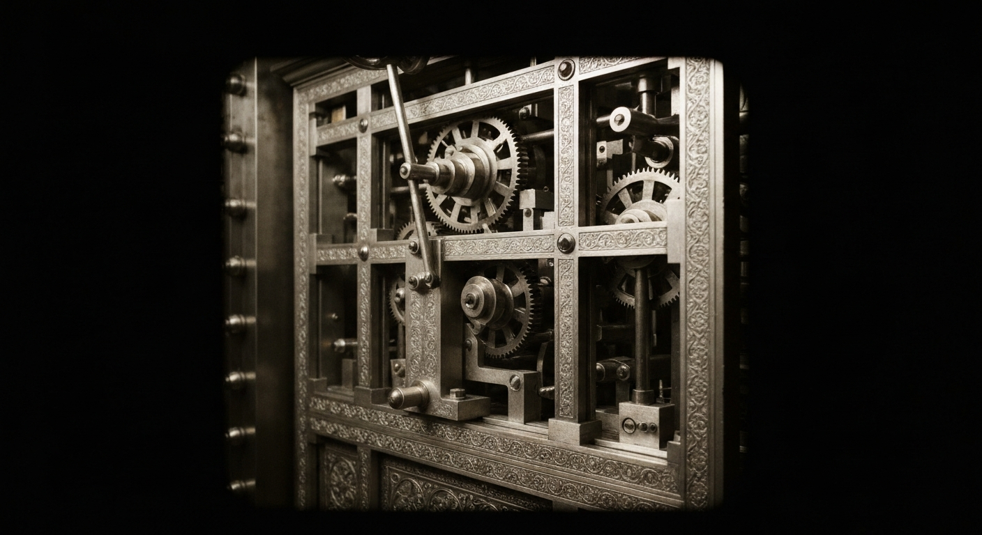 An extreme close-up of intricate, interlocking metal gears and machinery, representing the complex financial infrastructure and institutional power behind the semiconductor industry.