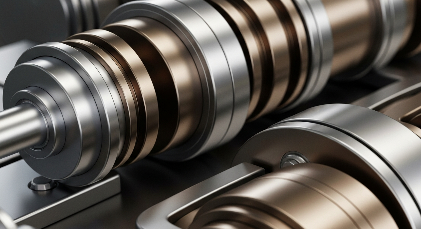 An extreme close-up of heavy, textured industrial banking machinery and components in shades of steel grey, bronze, and chrome, conveying a sense of institutional financial power and security without using literal currency or charts.