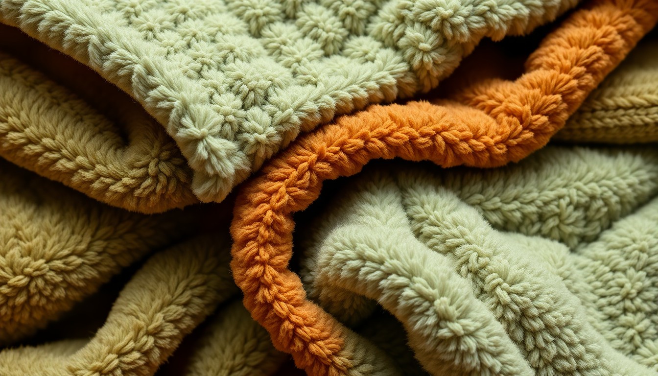 An extreme close-up photograph of soft, luxurious baby blankets and textiles in muted earth tones, capturing the serene, comforting atmosphere Steinfeld aimed to create in her nursery.
