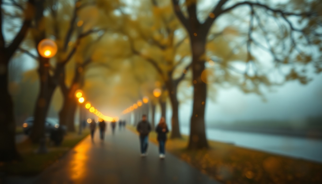 An abstract, impressionistic scene of people walking along a tree-lined path, with the image blurred and softened through a hazy, atmospheric filter, conveying a sense of community and creativity.