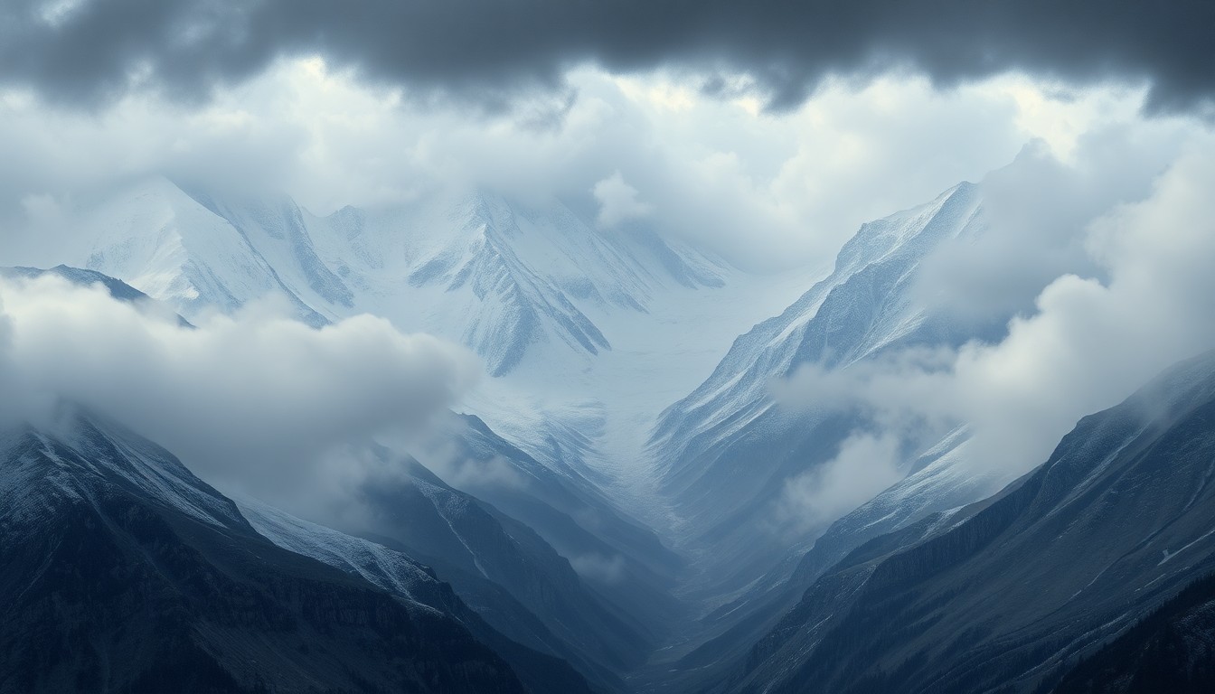 A vast, atmospheric landscape painting depicting a snow-covered mountain range shrouded in heavy fog and ominous clouds, conveying the overwhelming scale and power of the natural environment.
